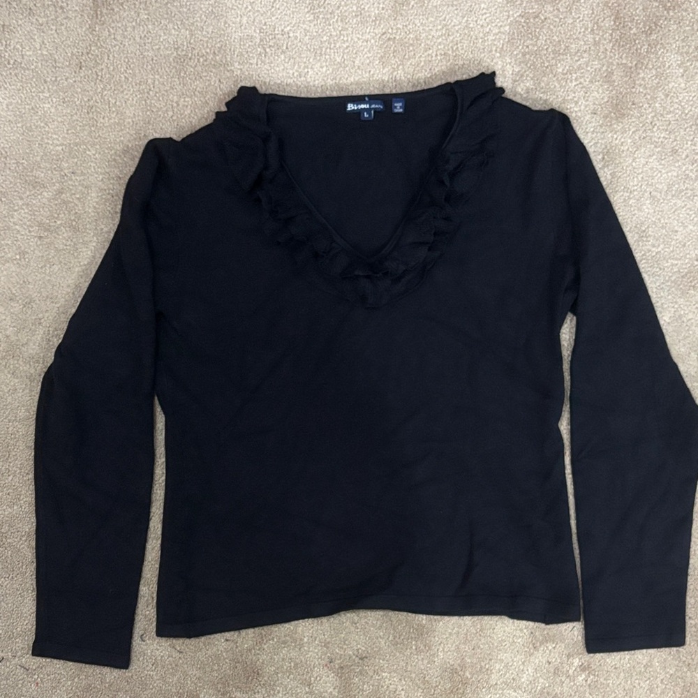 Bisou Jeans Black Long Sleeve Ruffled V-Neck Sweater